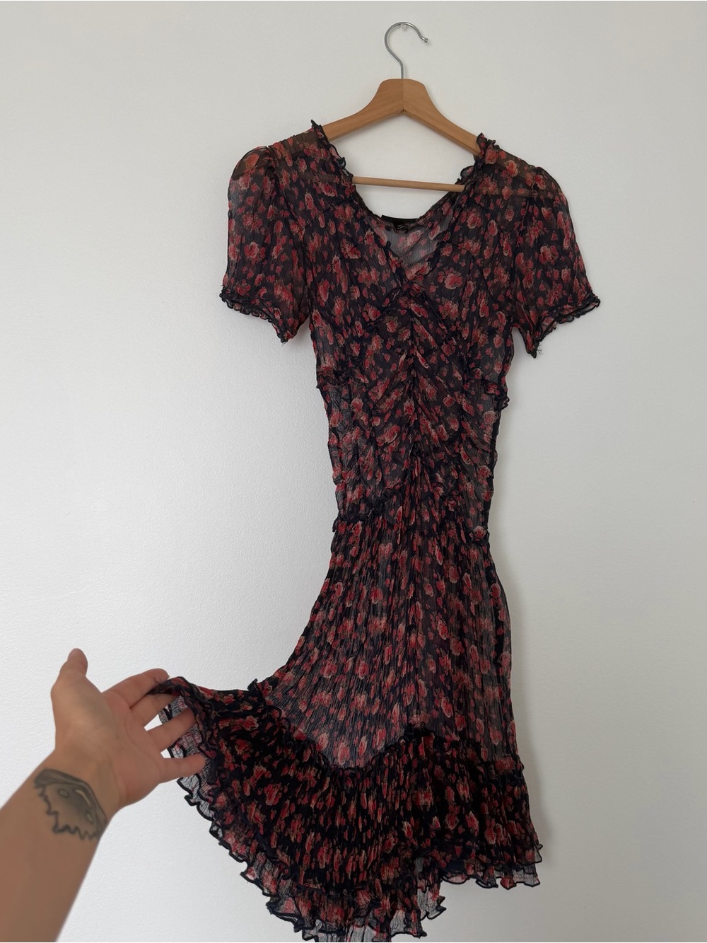 Topshop Black Midi Dress with Red Floral Print & Ruffle Hem